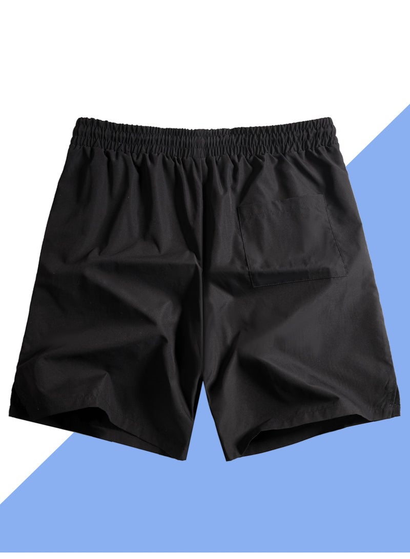 Men's Solid Black Casual Shorts Athletic Activewear with Secure Zip Pocket & Drawstring - Image 2